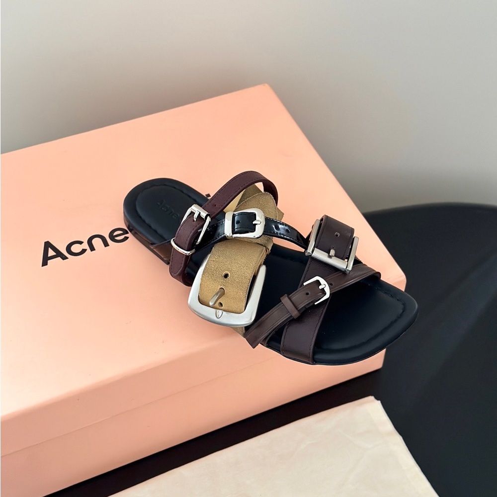 Acne Multi-Color Triple-Buckle Leather & Suede Sandals - Picture 4 of 9